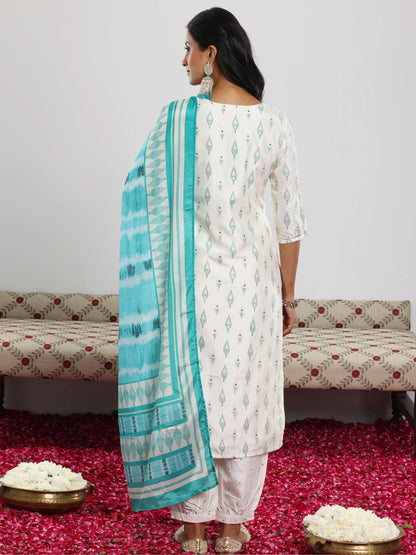 Gerua Off White Printed Silk Blend Straight Suit With Dupatta