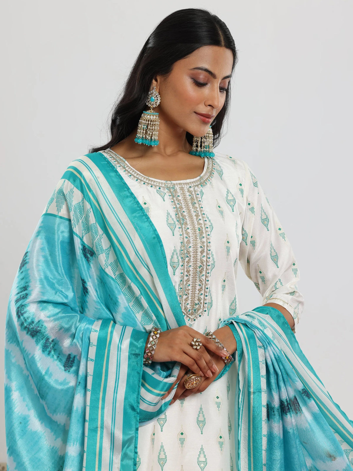 Gerua Off White Printed Silk Blend Straight Suit With Dupatta