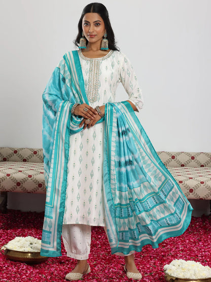 Gerua Off White Printed Silk Blend Straight Suit With Dupatta