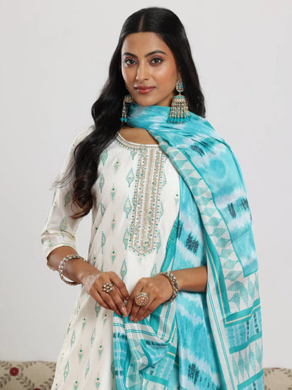 Gerua Off White Printed Silk Blend Straight Suit With Dupatta