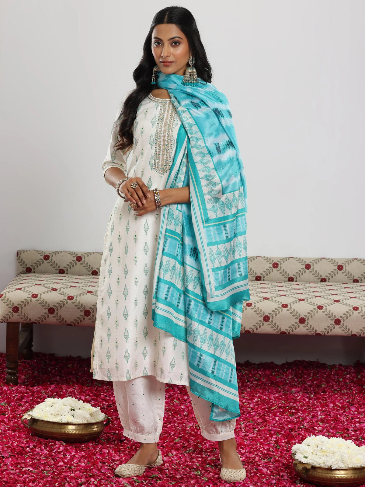 Gerua Off White Printed Silk Blend Straight Suit With Dupatta