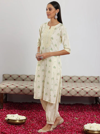 Libas Off White Printed Silk Blend Straight Suit With Dupatta