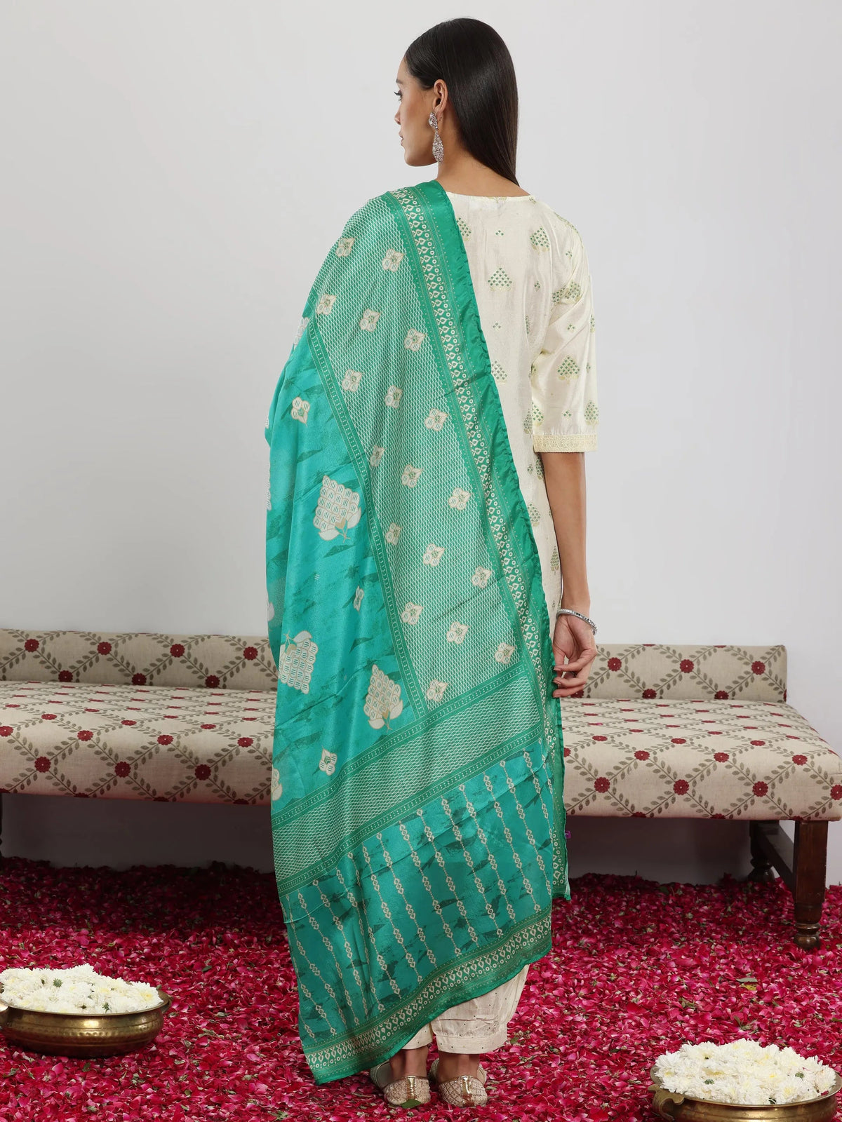 Libas Off White Printed Silk Blend Straight Suit With Dupatta