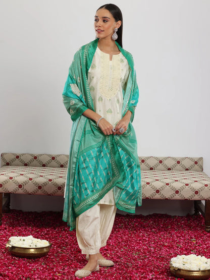 Libas Off White Printed Silk Blend Straight Suit With Dupatta