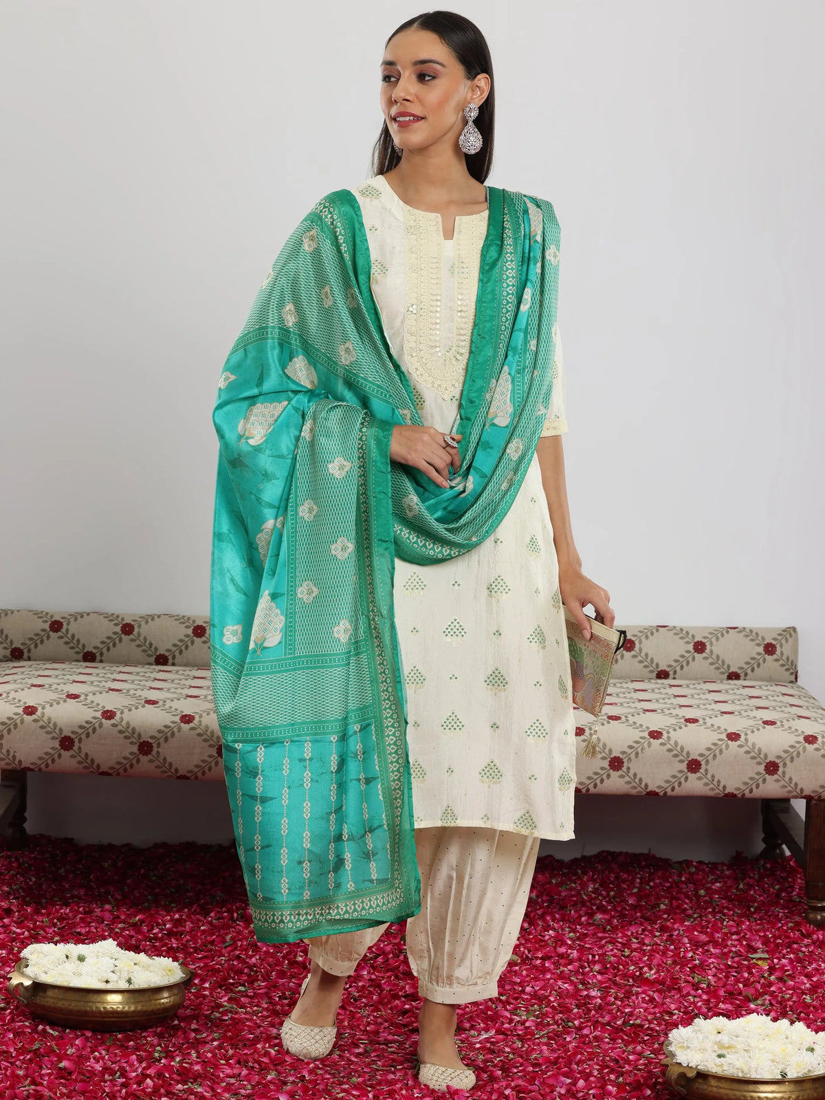 Libas Off White Printed Silk Blend Straight Suit With Dupatta