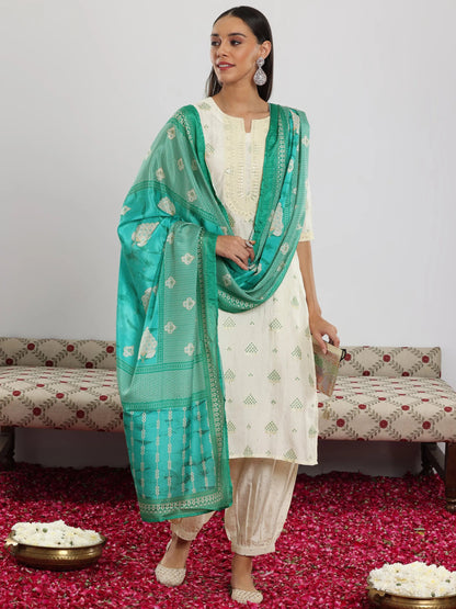 Libas Off White Printed Silk Blend Straight Suit With Dupatta