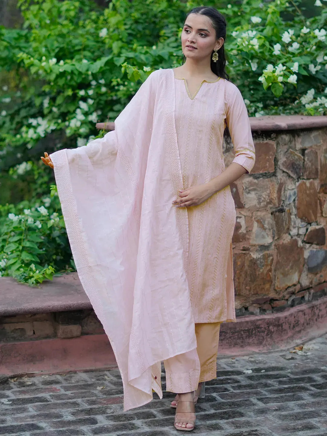 Libas Pink Self Design Silk Blend Straight Suit With Dupatta