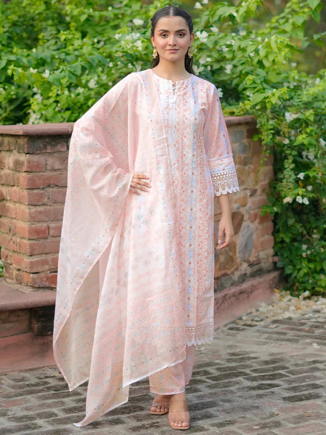 Libas Peach Embroidered Cotton Blend Straight Suit With Dupatta