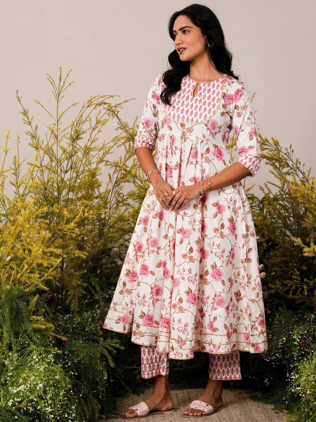 Libas Off White Printed Cotton Anarkali Suit With Dupatta