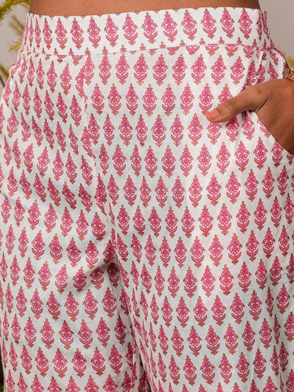 Libas Off White Printed Cotton Anarkali Suit With Dupatta