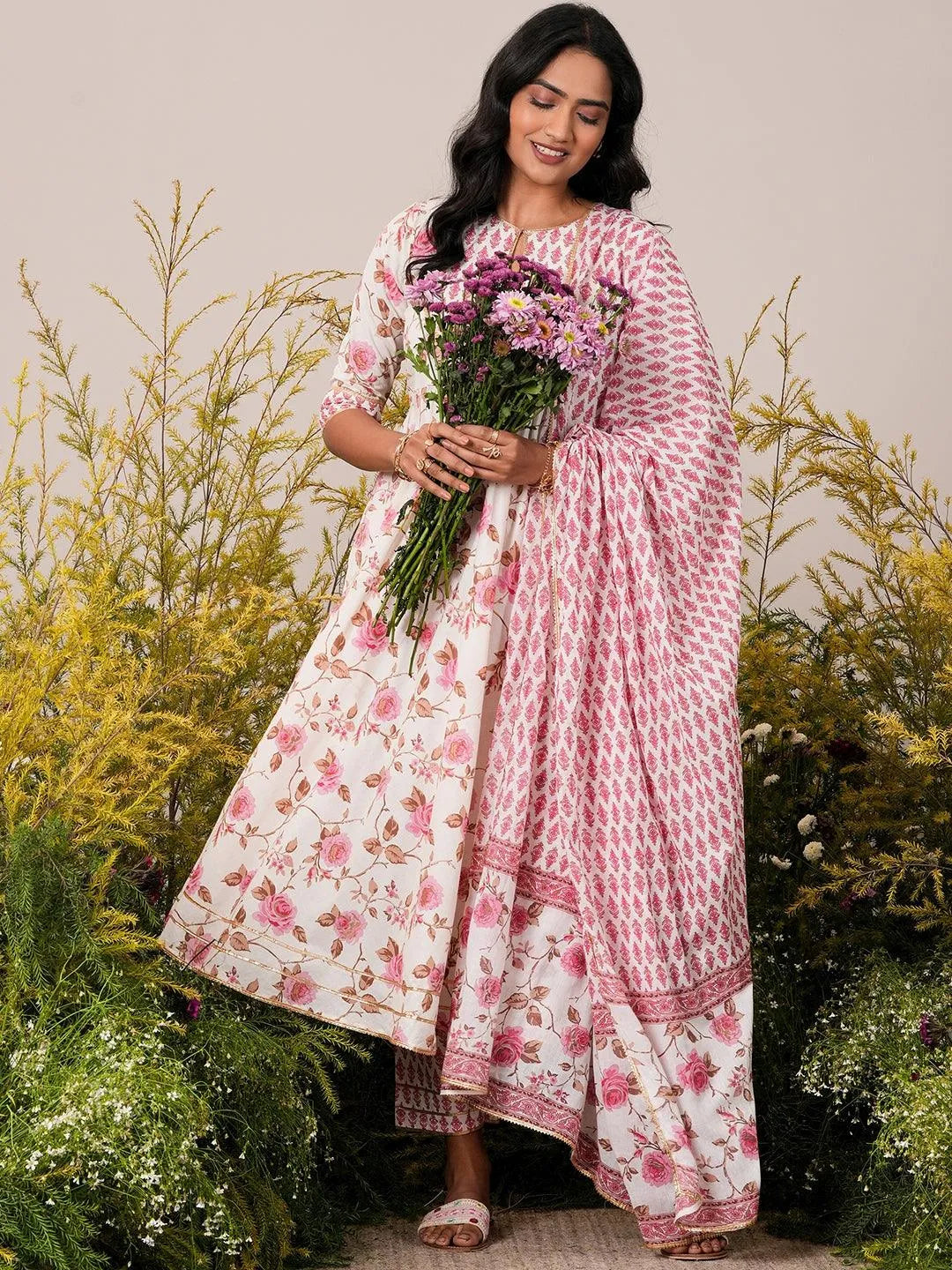 Libas Off White Printed Cotton Anarkali Suit With Dupatta