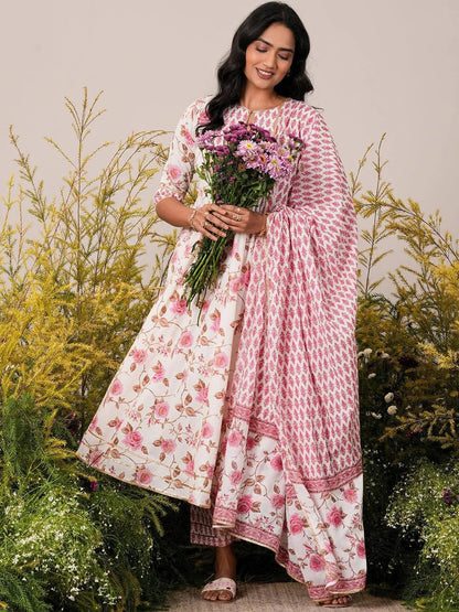 Libas Off White Printed Cotton Anarkali Suit With Dupatta
