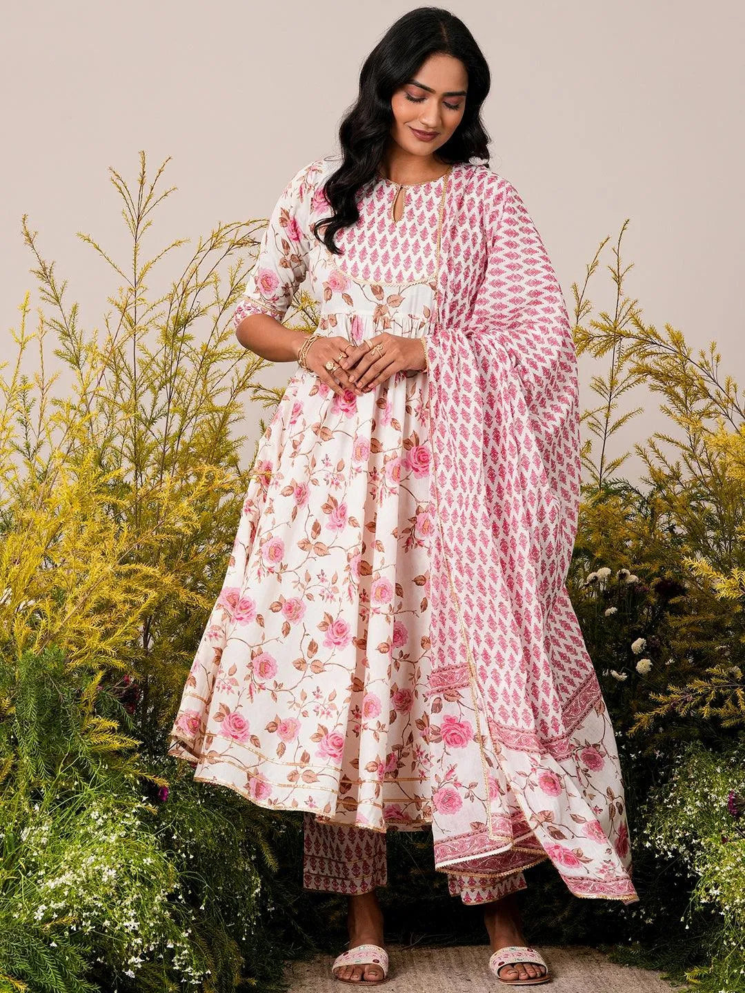 Libas Off White Printed Cotton Anarkali Suit With Dupatta
