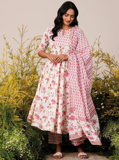 Libas Off White Printed Cotton Anarkali Suit With Dupatta