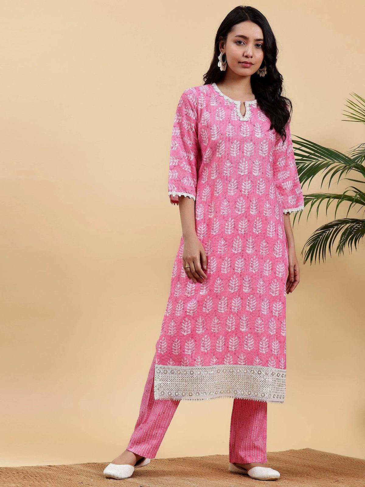 Libas Pink Printed Cotton Straight Kurta Set