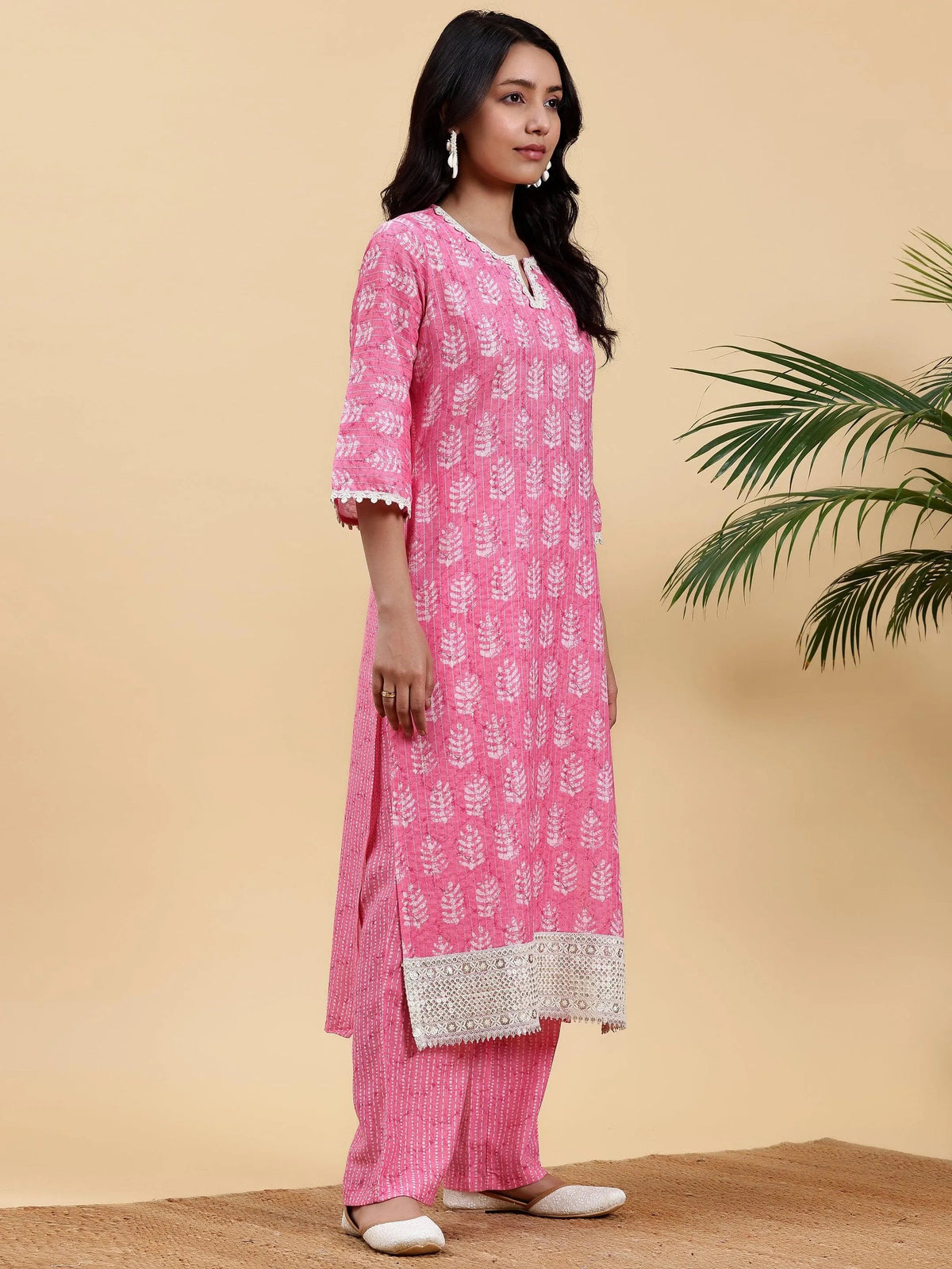 Libas Pink Printed Cotton Straight Kurta Set