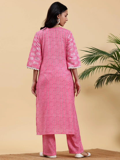 Libas Pink Printed Cotton Straight Kurta Set