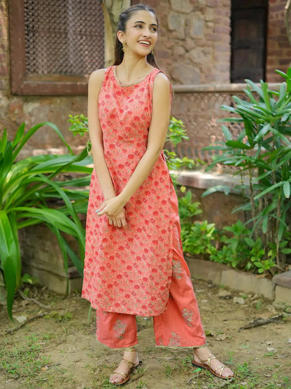 Libas Peach Printed Cotton Straight Kurta Set