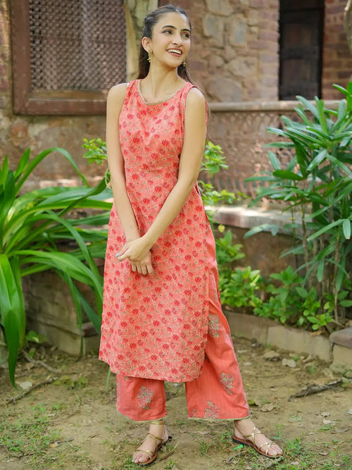 Libas Peach Printed Cotton Straight Kurta Set