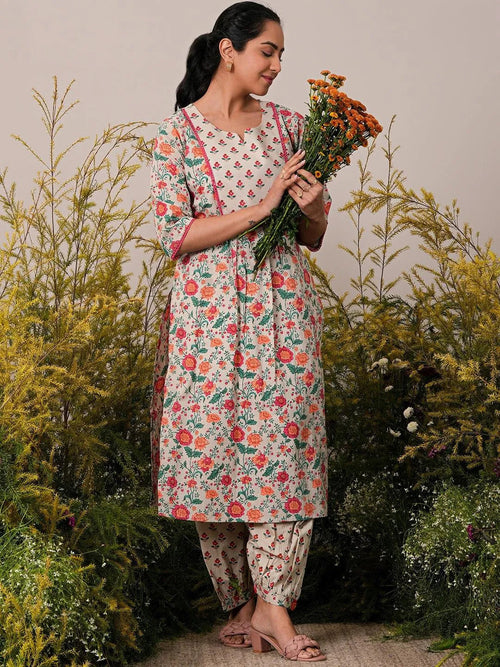 Libas Beige Printed Cotton Straight Kurta Set