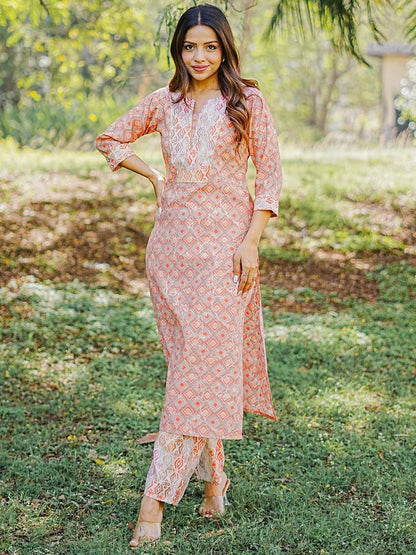 Libas Peach Printed Silk Blend Straight Kurta Set