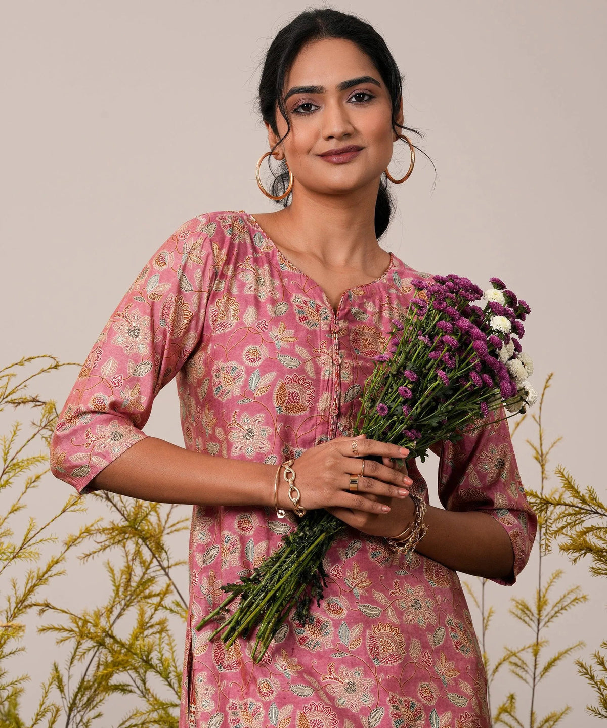 Libas Peach Printed Silk Blend Straight Kurta Set