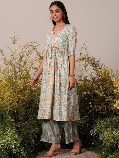 Libas Beige Printed Silk Blend Anarkali Kurta Set
