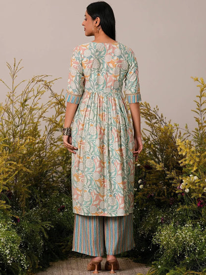 Libas Beige Printed Silk Blend Anarkali Kurta Set