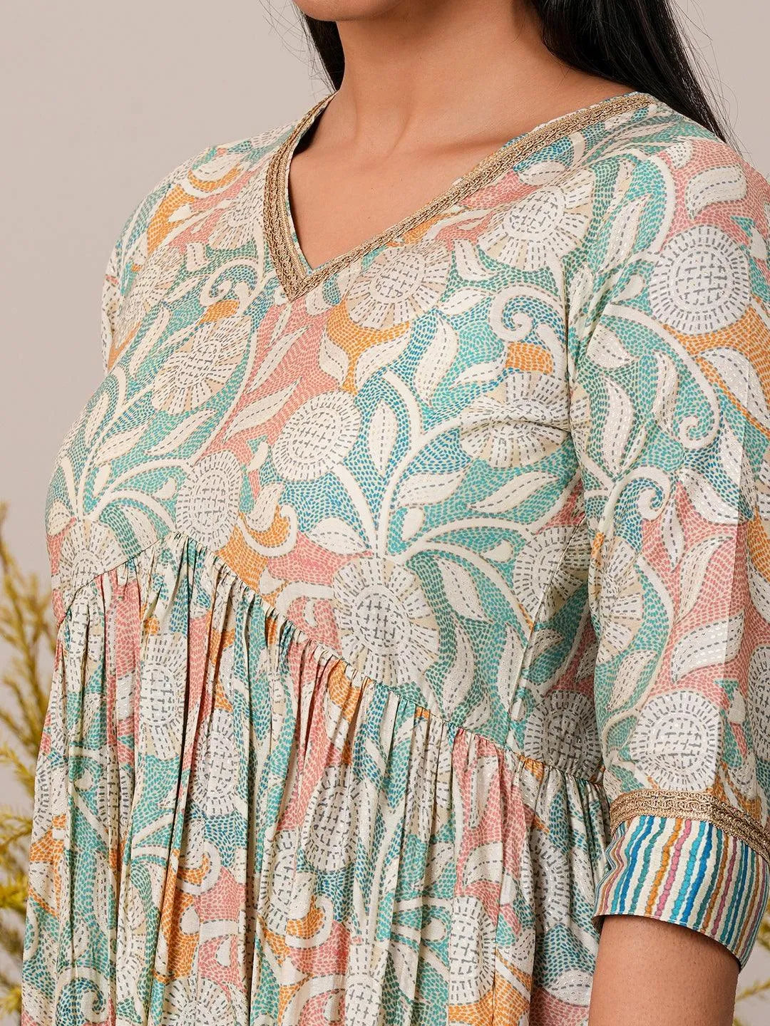 Libas Beige Printed Silk Blend Anarkali Kurta Set