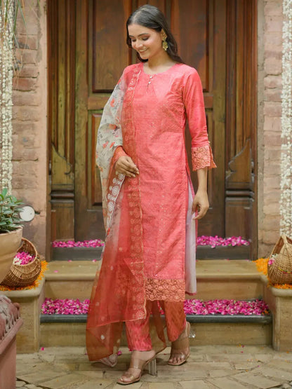 Libas Peach Embroidered Silk Blend Straight Suit With Dupatta