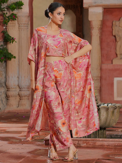 Libas Peach Printed Cotton 3 Piece Co-Ords