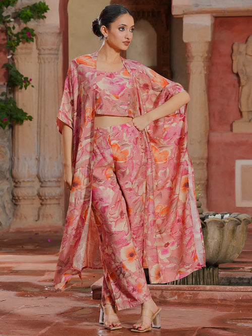 Libas Peach Printed Cotton 3 Piece Co-Ords