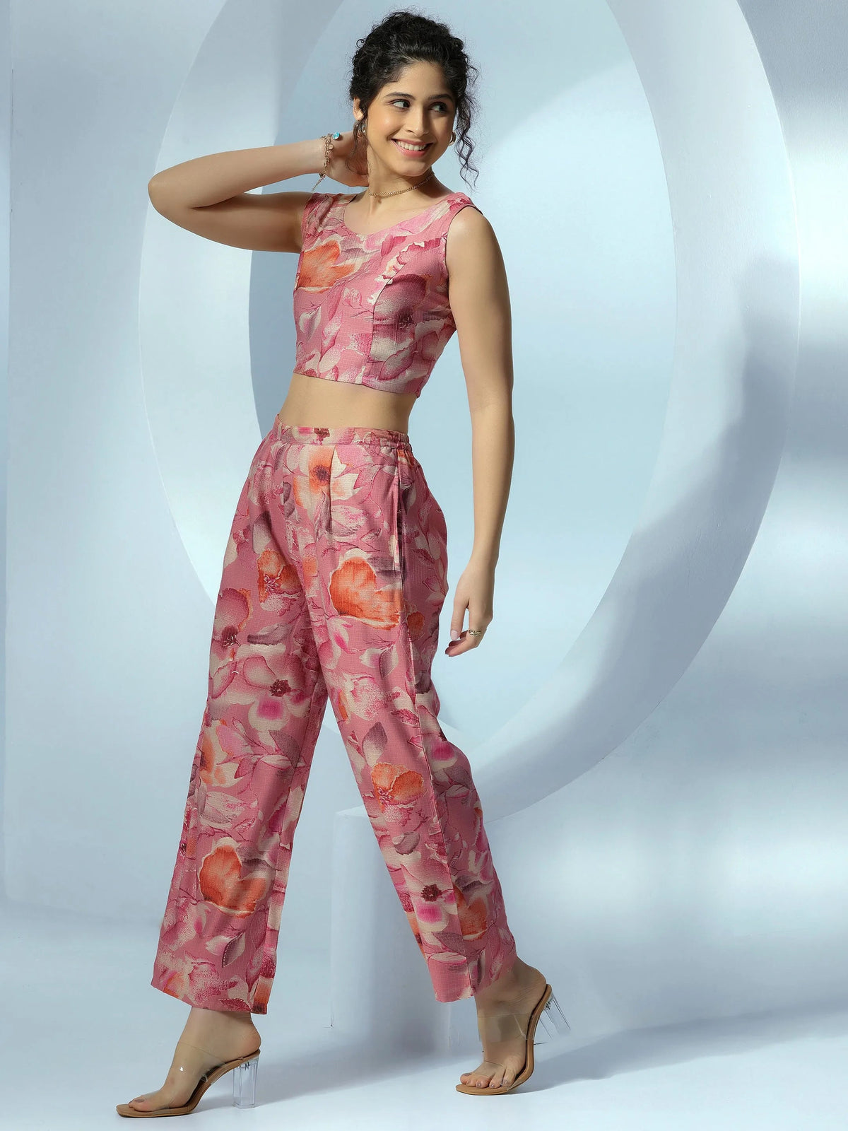 Libas Peach Printed Cotton 3 Piece Co-Ords