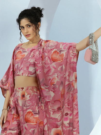 Libas Peach Printed Cotton 3 Piece Co-Ords