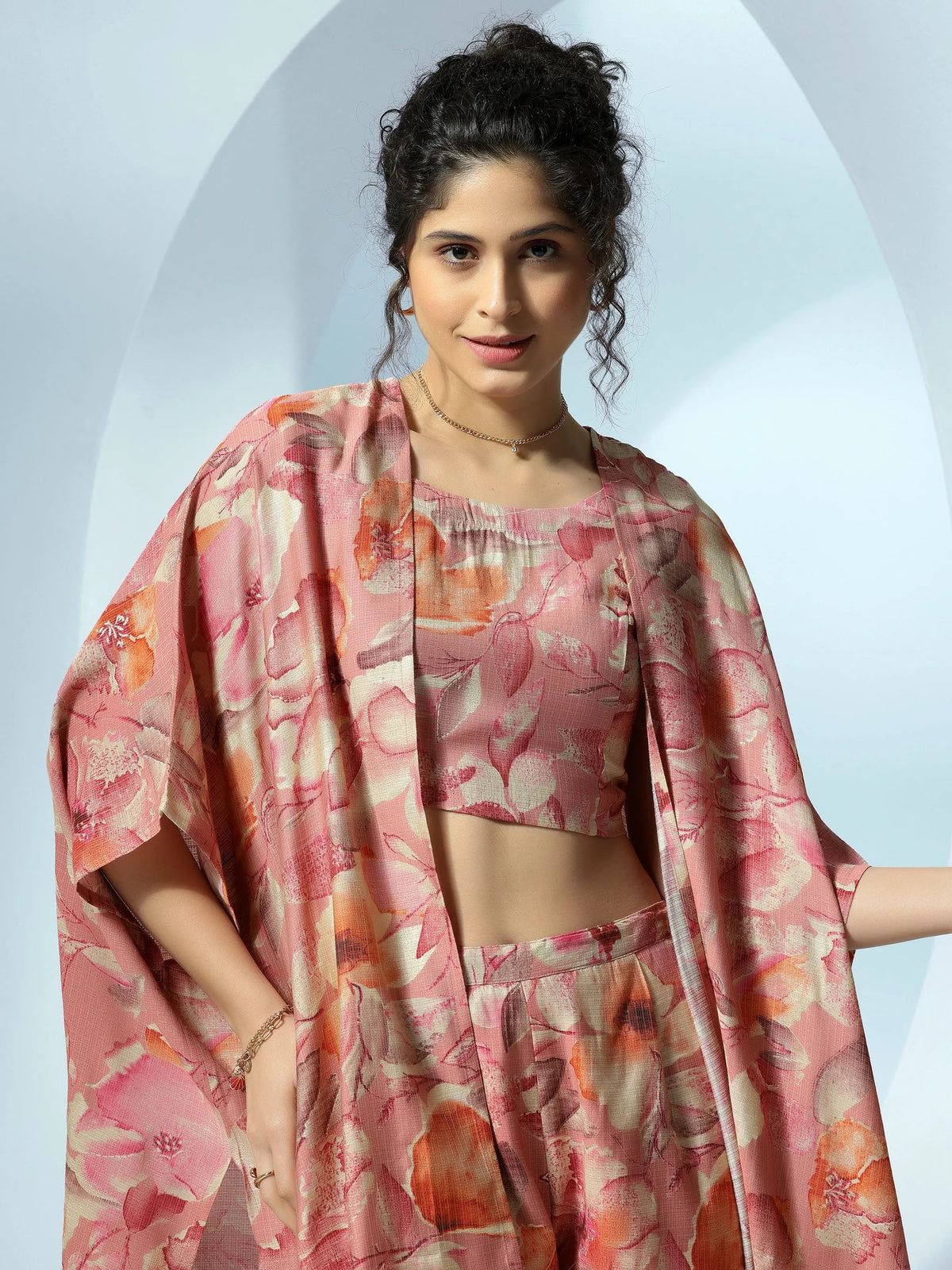 Libas Peach Printed Cotton 3 Piece Co-Ords