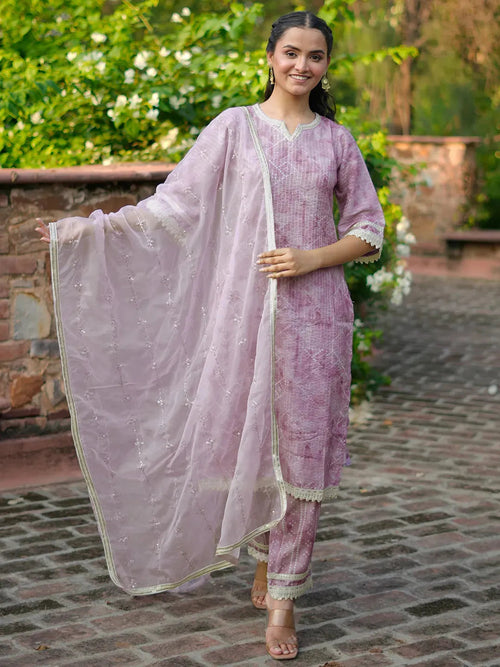 Libas Purple Printed Cotton Straight Suit With Dupatta