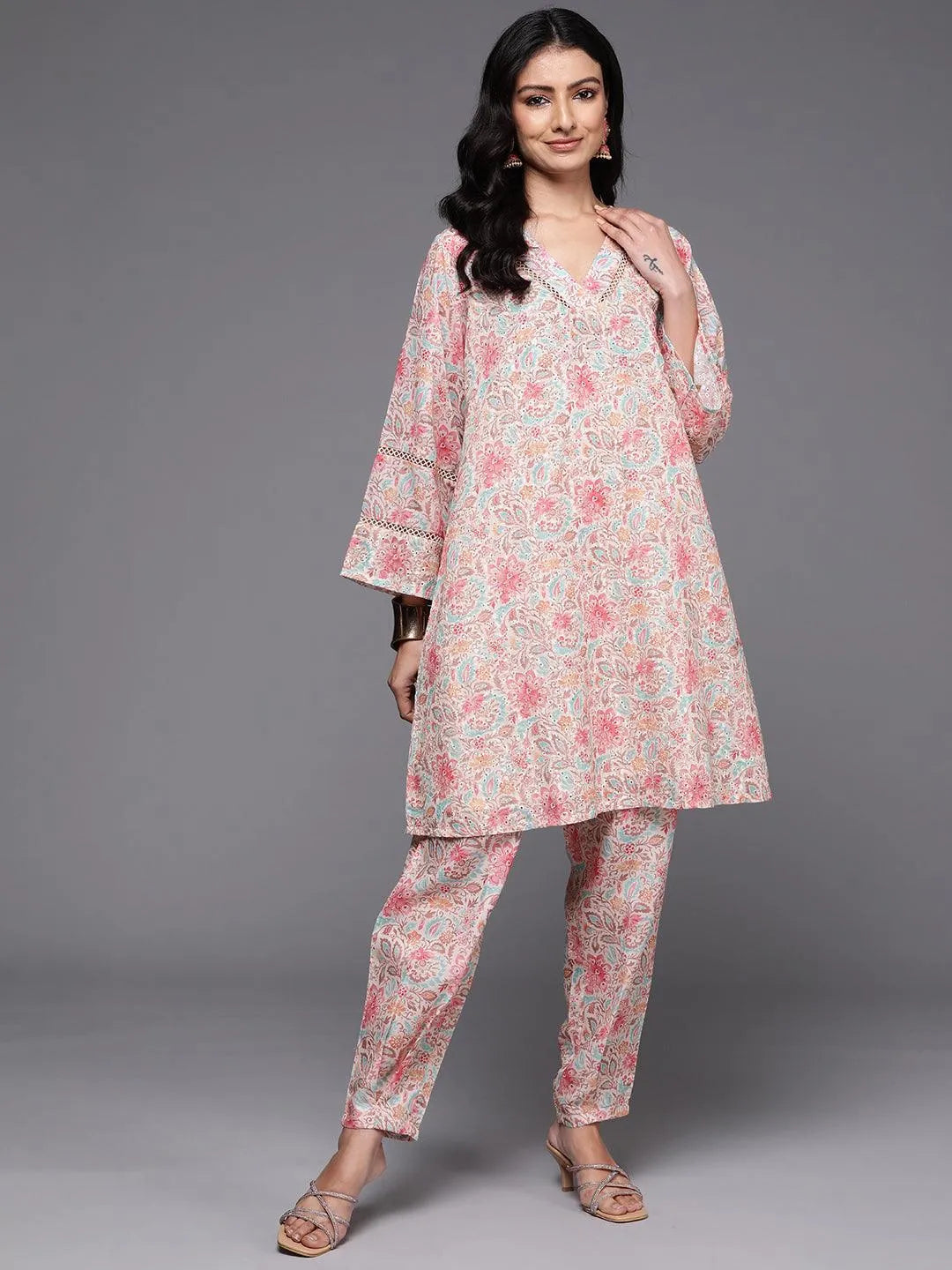 Libas Beige Printed Cotton Straight Kurta Set