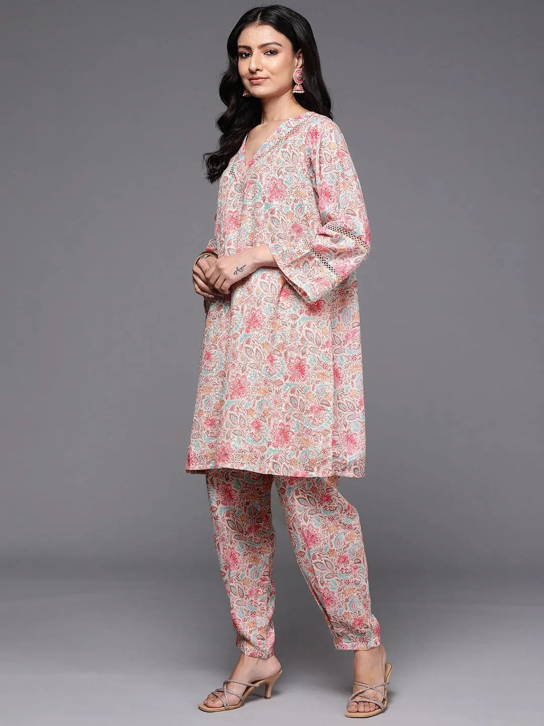 Libas Beige Printed Cotton Straight Kurta Set