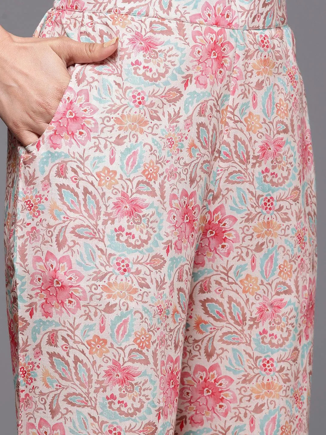 Libas Beige Printed Cotton Straight Kurta Set