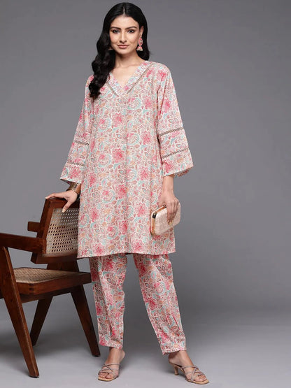 Libas Beige Printed Cotton Straight Kurta Set