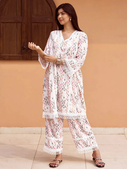 Libas Off white Printed Cotton A-Line Kurta With Palazzos