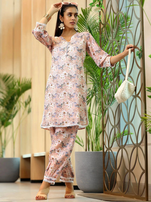 Libas Peach Printed Cotton Straight Kurta Set