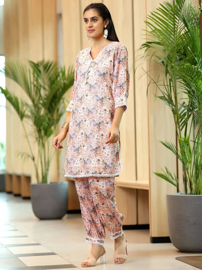 Libas Peach Printed Cotton Straight Kurta Set