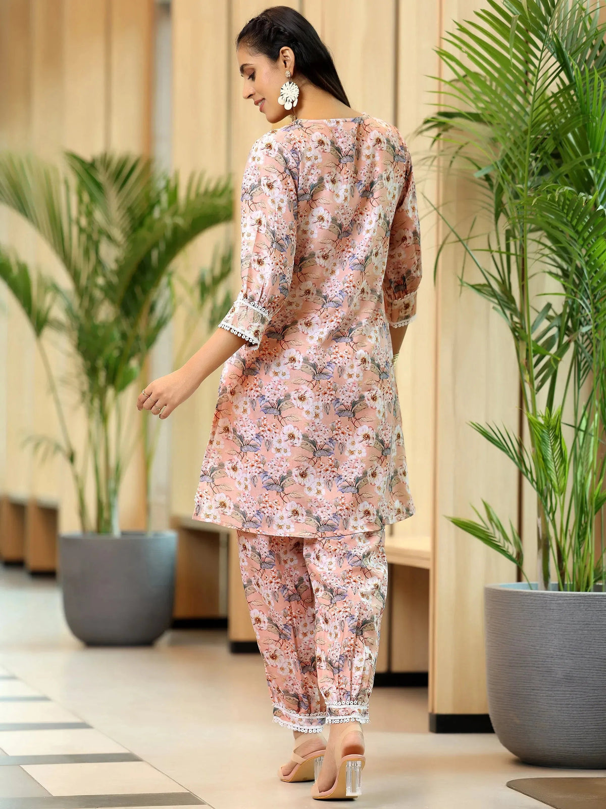 Libas Peach Printed Cotton Straight Kurta Set