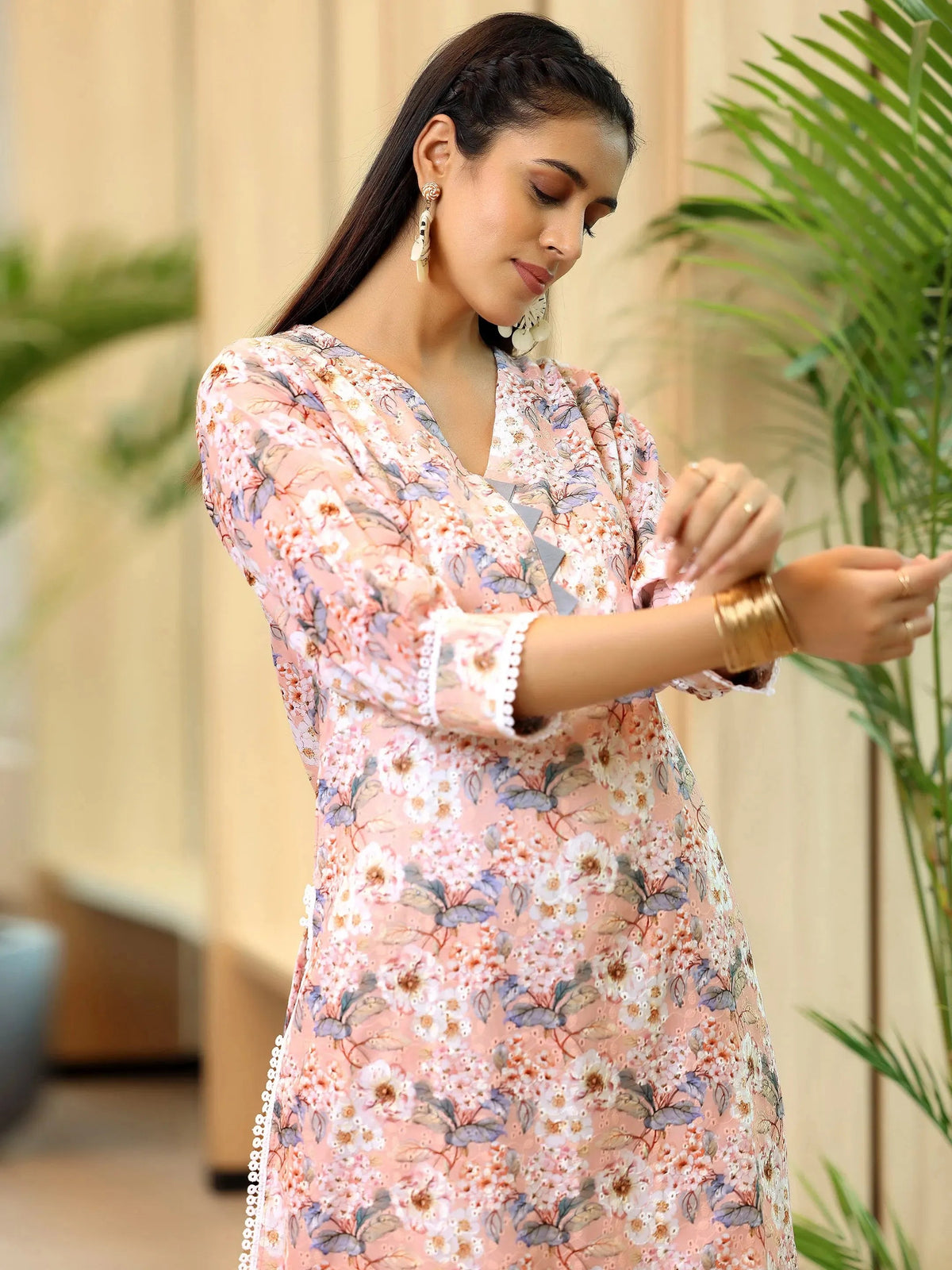 Libas Peach Printed Cotton Straight Kurta Set