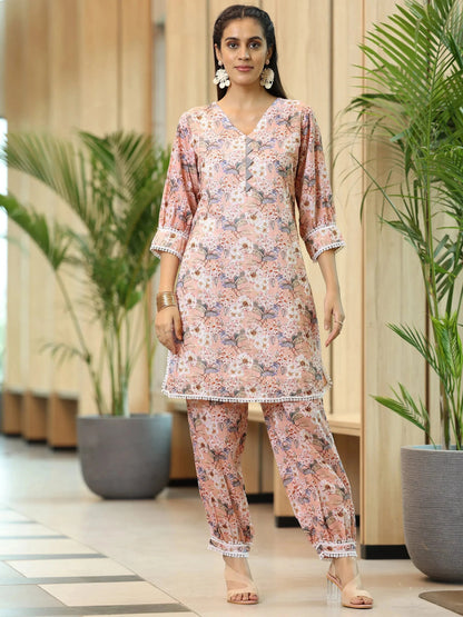 Libas Peach Printed Cotton Straight Kurta Set