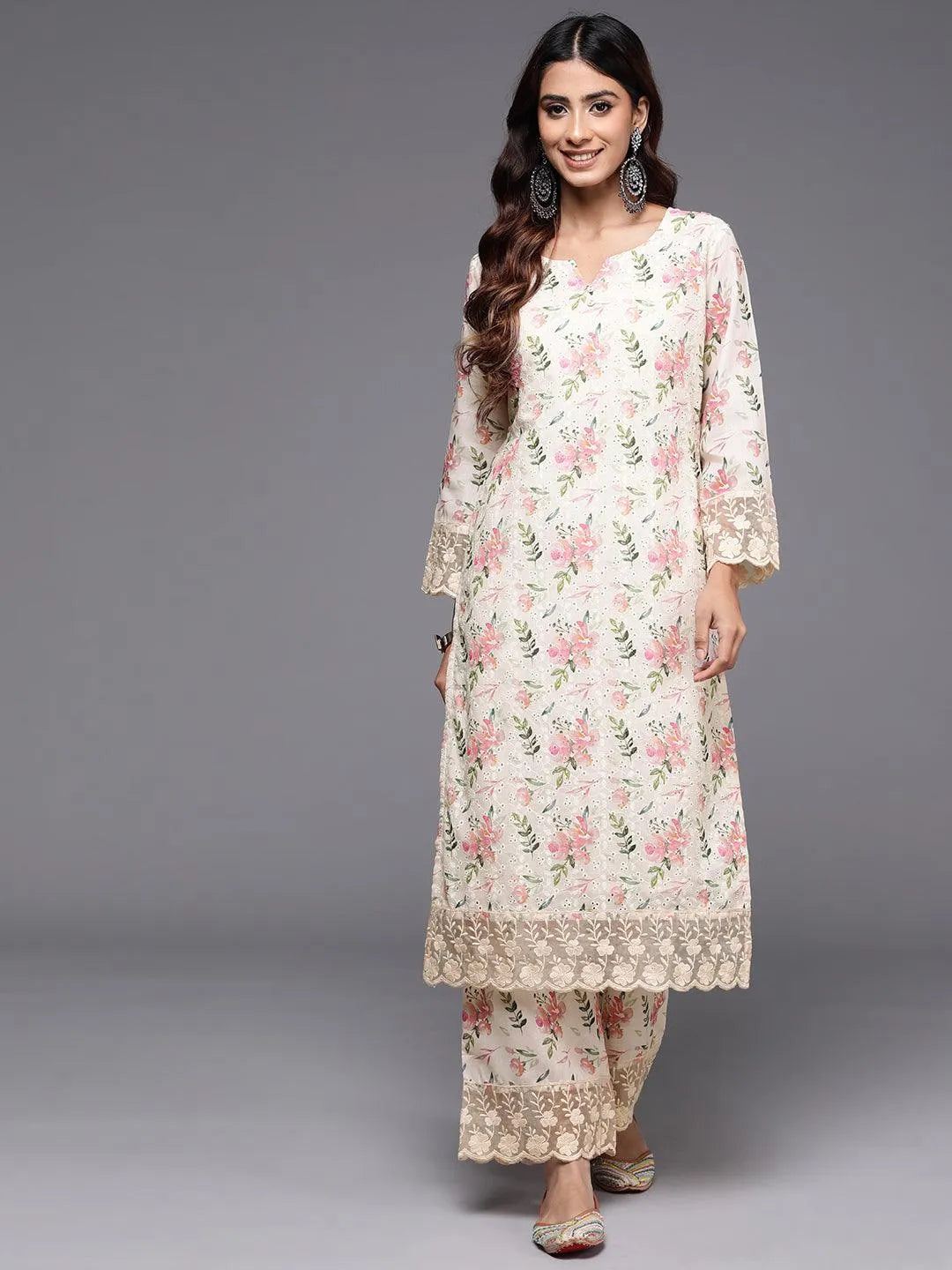 Libas Beige Printed Cotton Straight Kurta Set