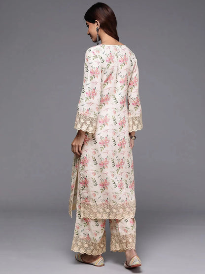 Libas Beige Printed Cotton Straight Kurta Set