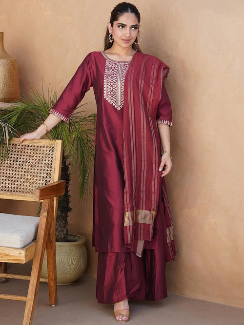 Gerua Rust Yoke Design Silk Blend Straight Suit With Dupatta