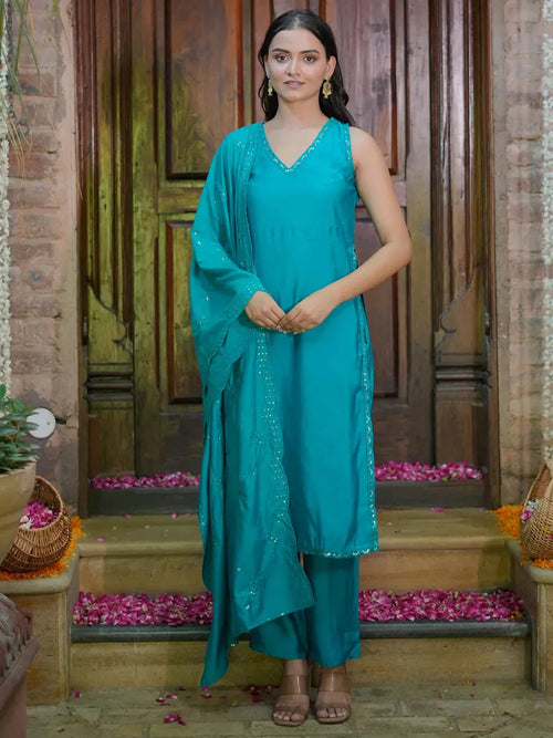 Gerua Green Solid Silk Blend Straight Suit With Dupatta
